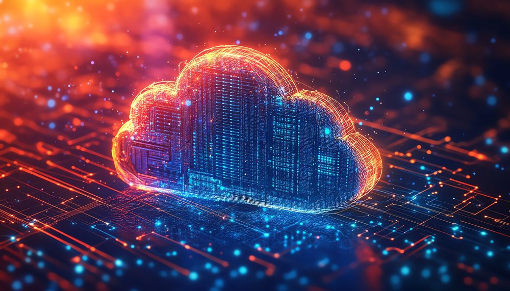 A futuristic data center illustration with rows of servers, vibrant abstract cloud technology elements, representing digital connectivity and information storage